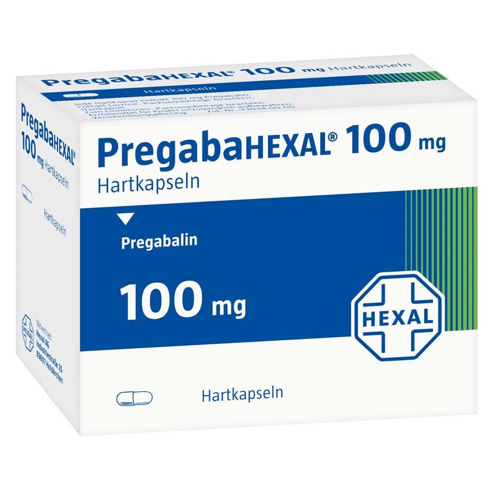 Weiße Schachtel mit blauer Fläche. Darauf steht PREGABAHEXAL 100 mg Hartkapseln. Logo von HEXAL. Aufschrift Pregabalin und 100 mg.