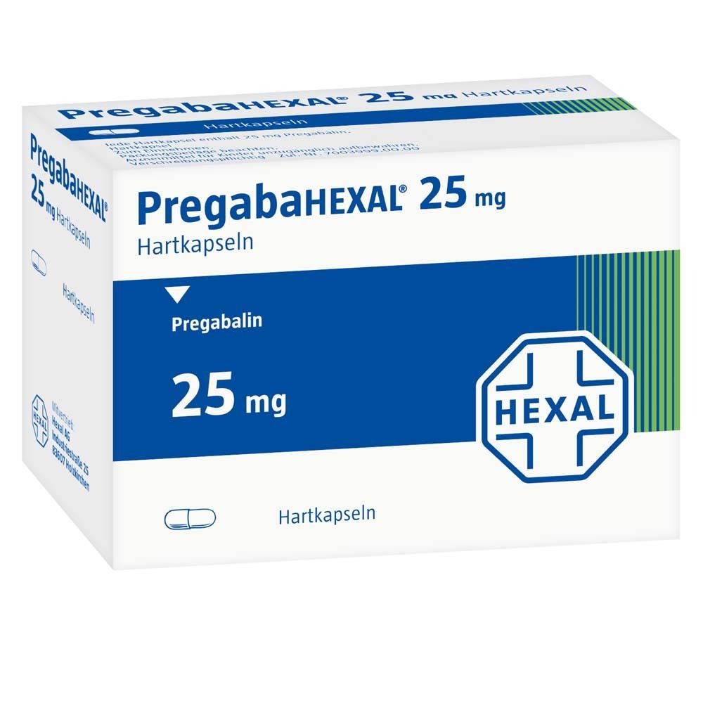 Schachtel PREGABAHEXAL 25 mg Hartkapseln. Blaue und weiße Verpackung mit Produktnamen, Dosierung und HEXAL-Logo.