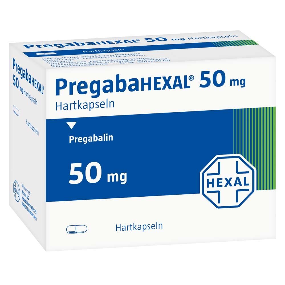 Schachtel PREGABAHEXAL 50 mg Hartkapseln. Weiße Verpackung mit blauen und grünen Akzenten. HEXAL-Logo.
