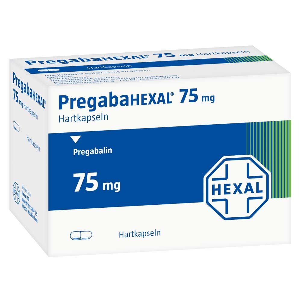 Weiße Schachtel mit blauer Fläche. Aufschrift: PregabaHEXAL 75 mg Hartkapseln. Logo: HEXAL. Enthält 75 mg Pregabalin.