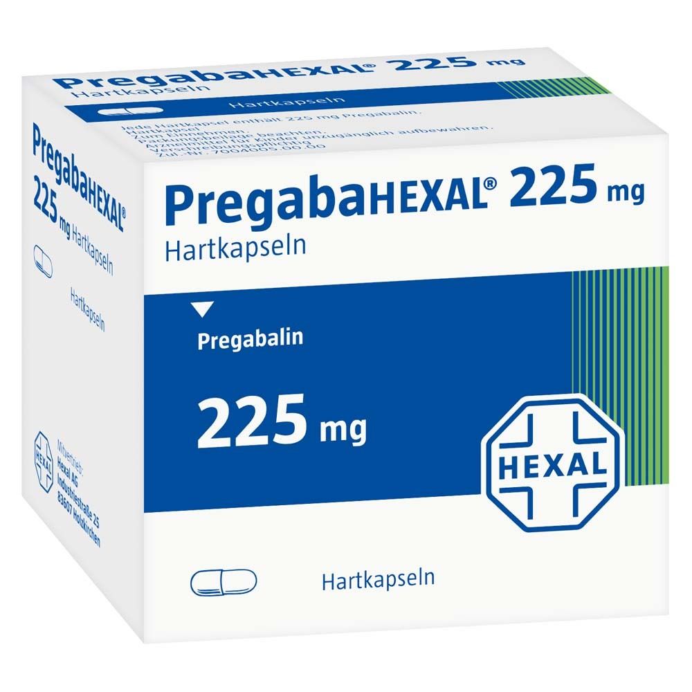 Weiße Schachtel mit blauer Fläche. Aufschrift: PregabaHEXAL 225 mg Hartkapseln. Enthält Pregabalin 225 mg. HEXAL-Logo.
