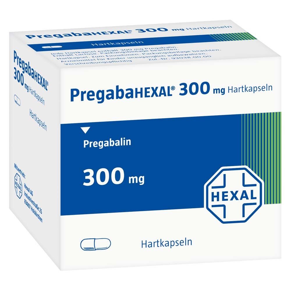 Verpackung von Pregabalin 300 mg Hartkapseln. Weißer Karton mit blauer Fläche und Produktinformationen. HEXAL-Logo.