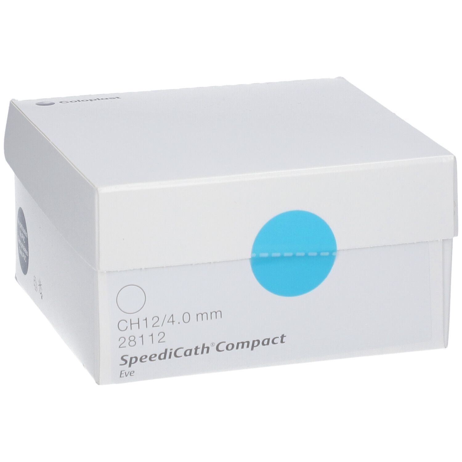 Weiße Box mit blauem Kreis. Aufschrift: CH12/4.0 mm, SpeediCath® Compact Eve.