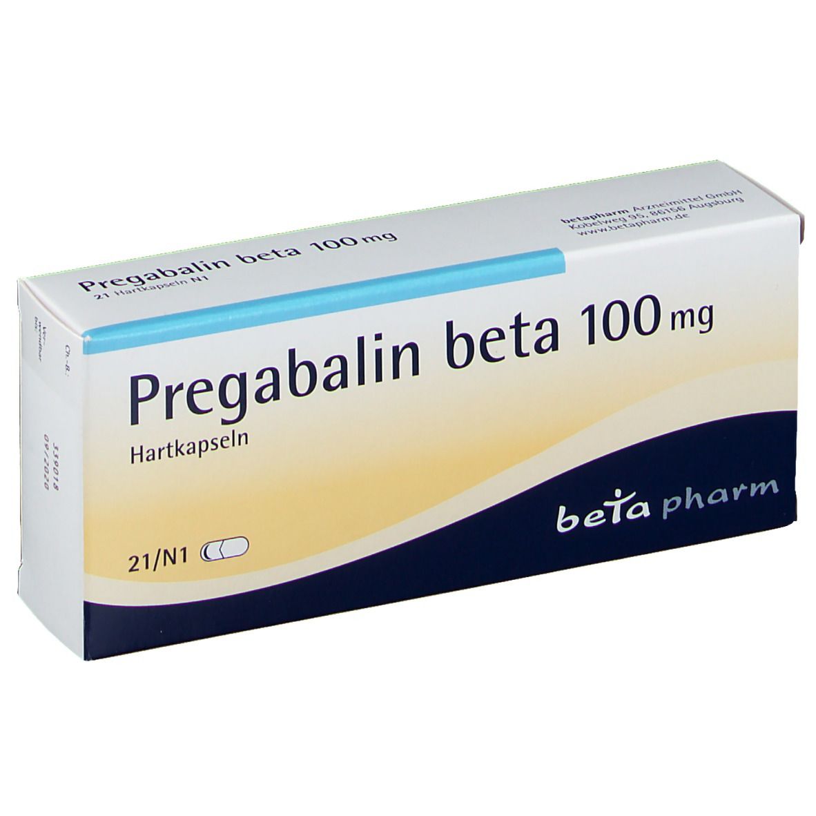 Schachtel mit Aufschrift Pregabalin beta 100 mg. Enthält 21 Hartkapseln. Logo beta pharm.
