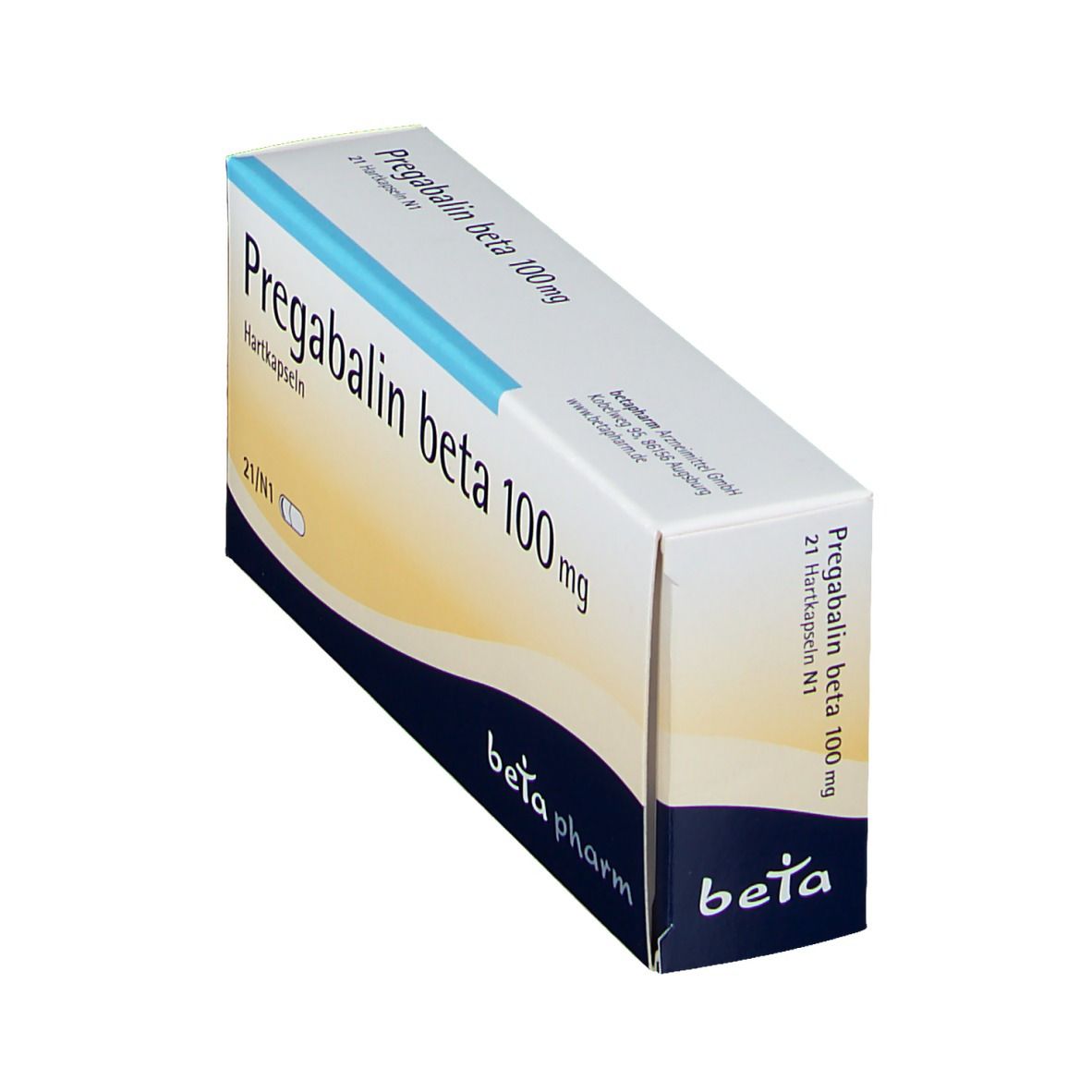 Schachtel Pregabalin beta 100 mg, 21 Hartkapseln. Logo beta pharm. Perspektivische Ansicht.