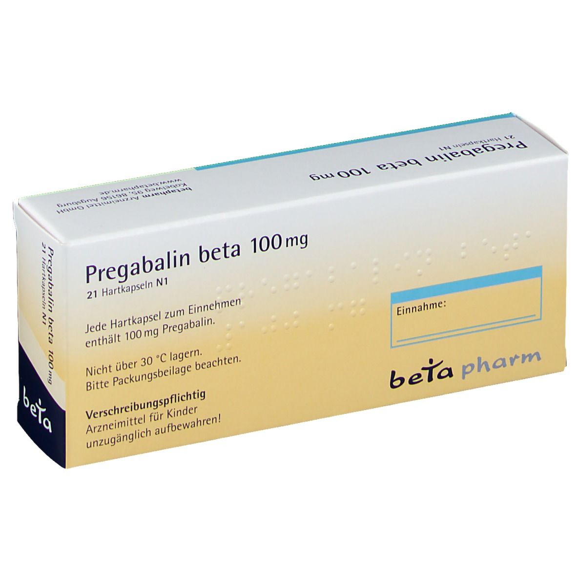 Schachtel Pregabalin beta 100 mg, 21 Hartkapseln. Logo beta pharm. Text und Hinweise.