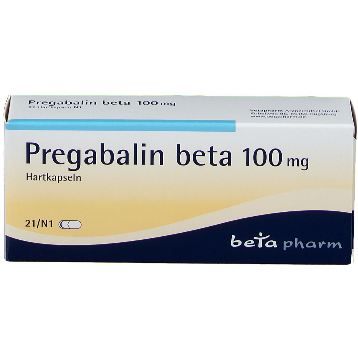 Schachtel Pregabalin beta 100 mg, 21 Hartkapseln. Logo beta pharm. Frontansicht.