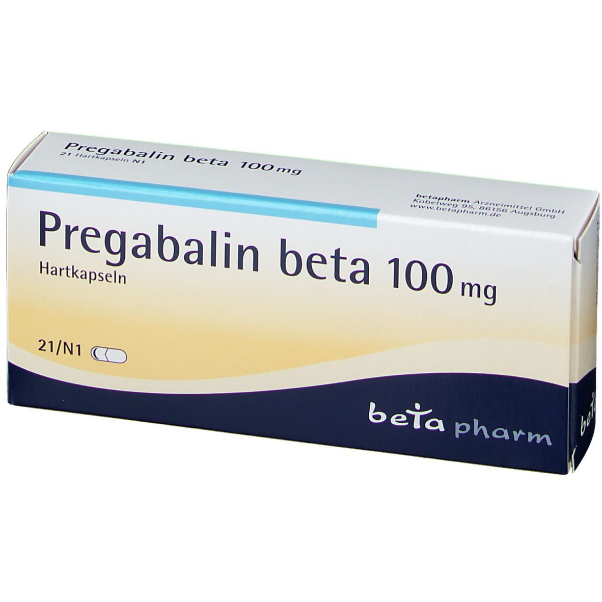 Schachtel Pregabalin beta 100 mg, 21 Hartkapseln. Logo beta pharm. Frontansicht.