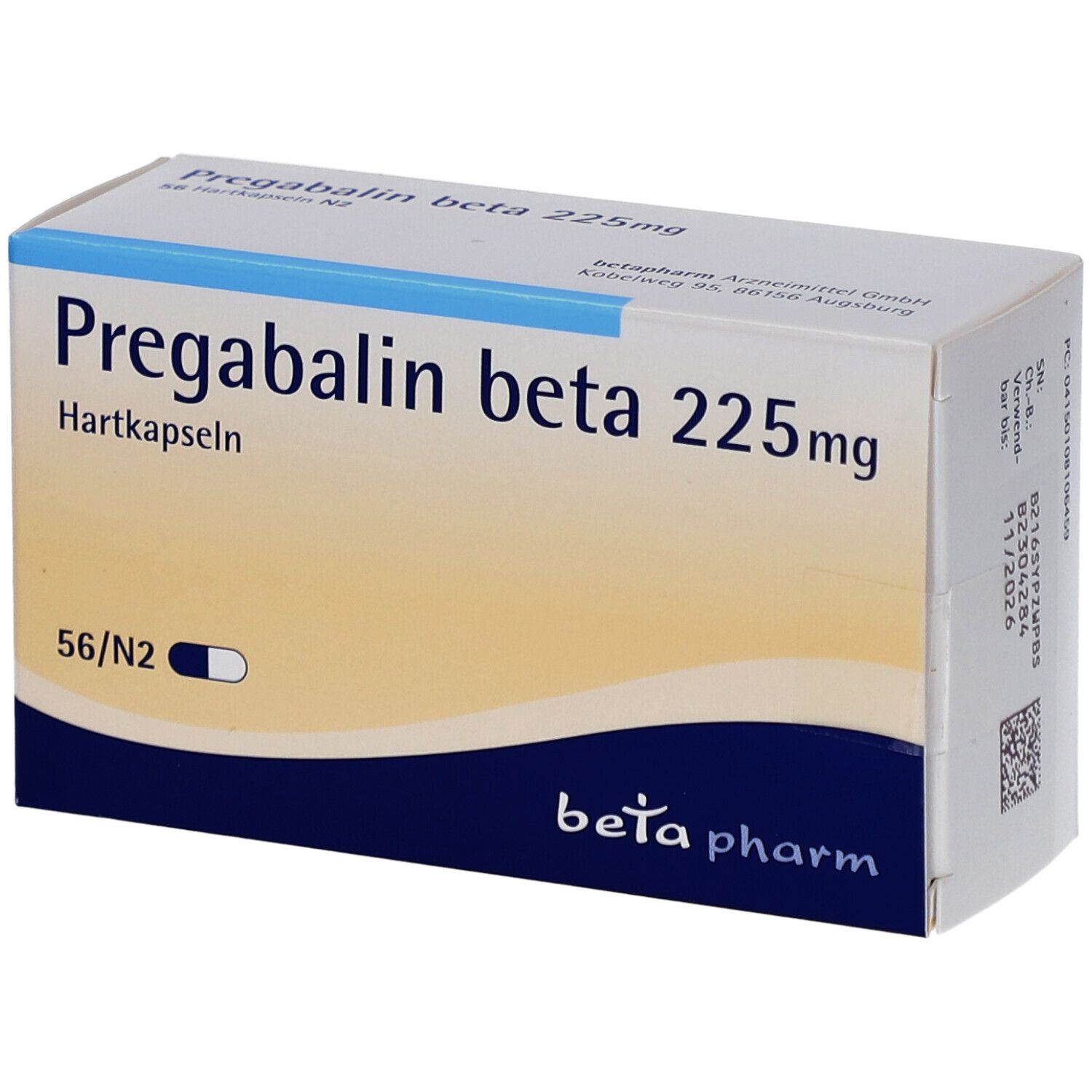 Schachtel mit PREGABALIN beta 225mg Hartkapseln. Blaue und weiße Farbgebung. Enthält 56 Kapseln. Marke: beta pharm.
