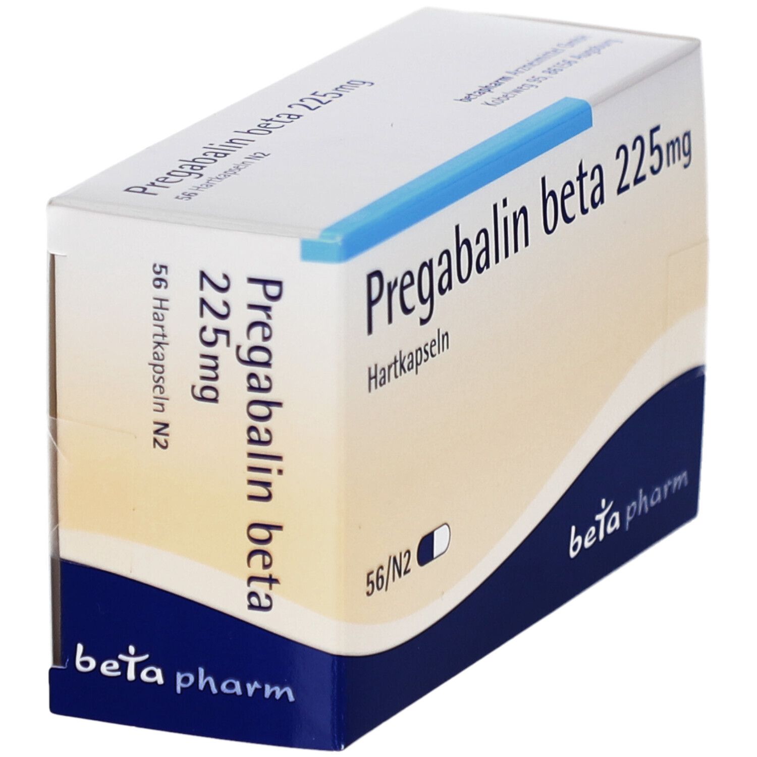 Schräg gestellte Schachtel mit PREGABALIN beta 225mg Hartkapseln. Blaue und weiße Farbgebung. Marke: beta pharm.