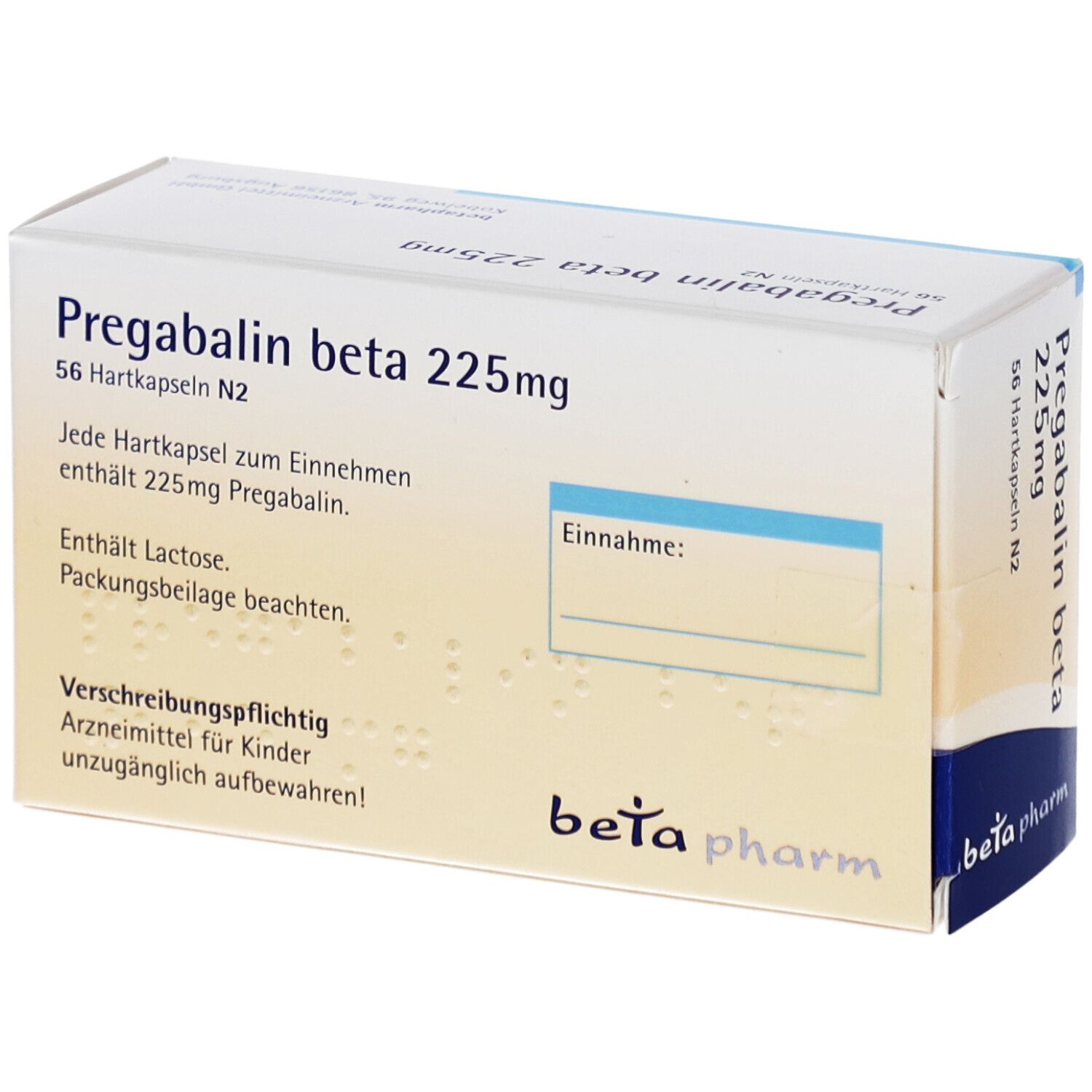 Schachtel mit PREGABALIN beta 225mg Hartkapseln. Textfelder auf der Seite. Marke: beta pharm.