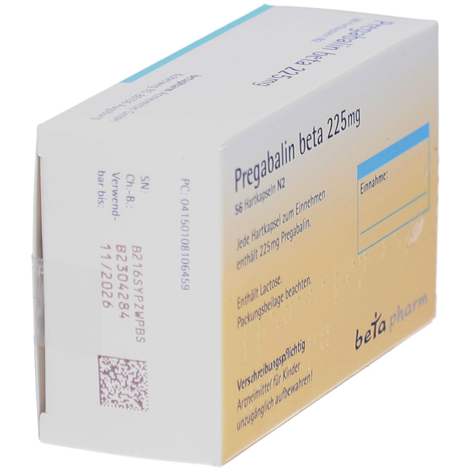 Schachtel mit PREGABALIN beta 225mg Hartkapseln. Rückseite mit Informationen und QR-Code. Marke: beta pharm.