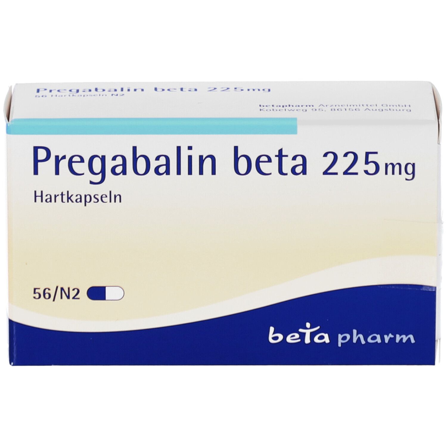 Schachtel mit PREGABALIN beta 225mg Hartkapseln. Blaue und weiße Farbgebung. Enthält 56 Kapseln. Marke: beta pharm.