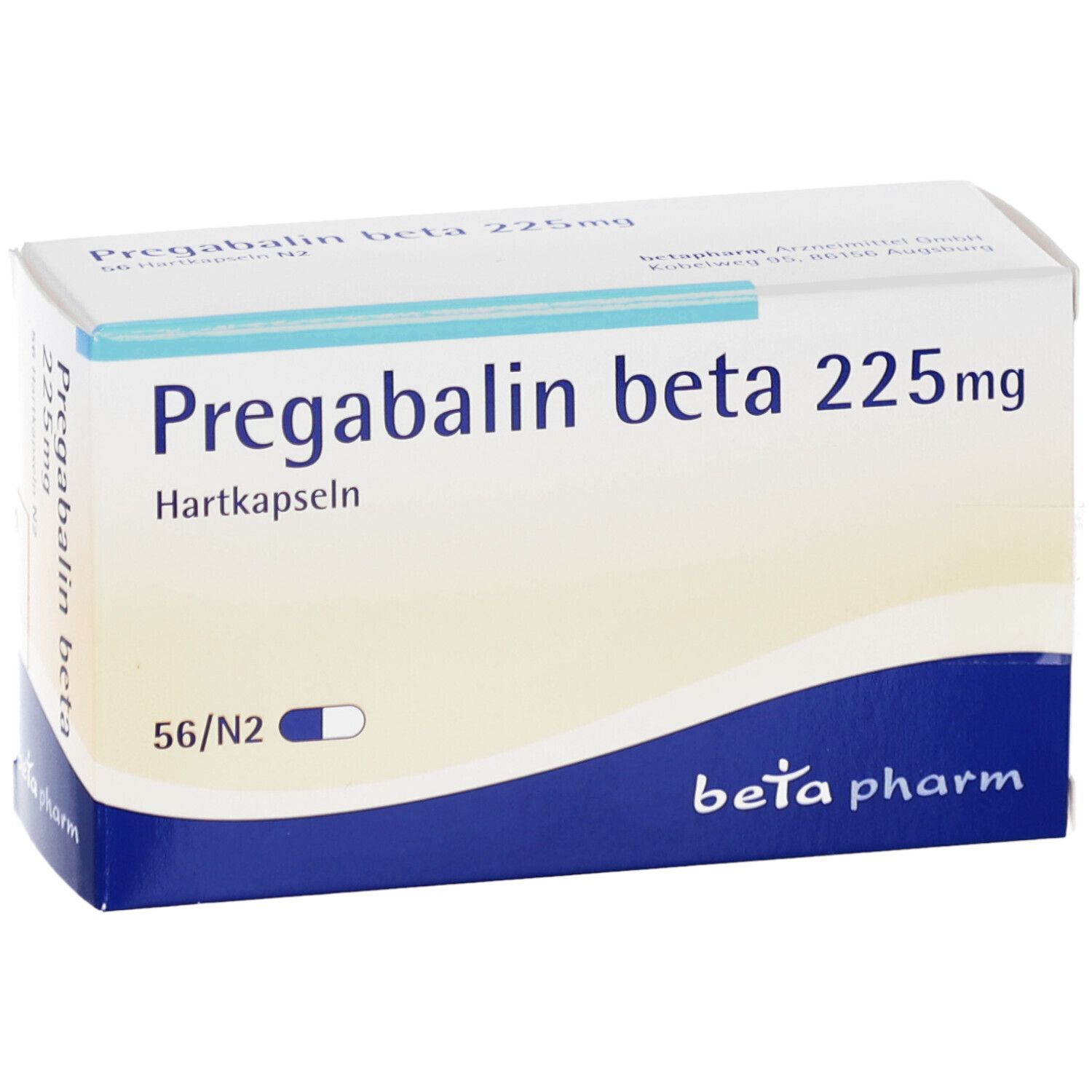 Schachtel mit PREGABALIN beta 225mg Hartkapseln. Blaue und weiße Farbgebung. Enthält 56 Kapseln. Marke: beta pharm.