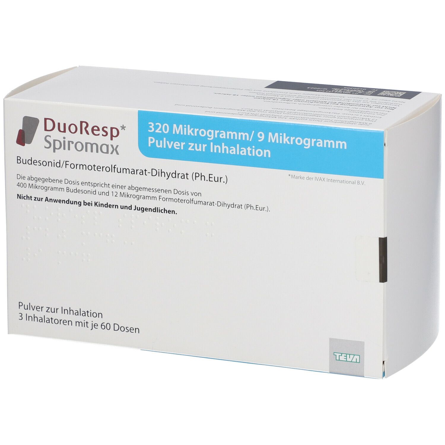 Weißer Karton mit blauer Beschriftung. Aufschrift: DuoResp Spiromax, 320 Mikrogramm/9 Mikrogramm, Pulver zur Inhalation.