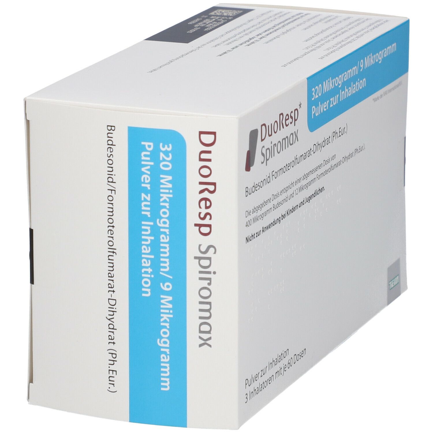 Schräg stehender weißer Karton mit blauer Beschriftung. Aufschrift: DuoResp Spiromax, 320 Mikrogramm/9 Mikrogramm, Pulver zur Inhalation.