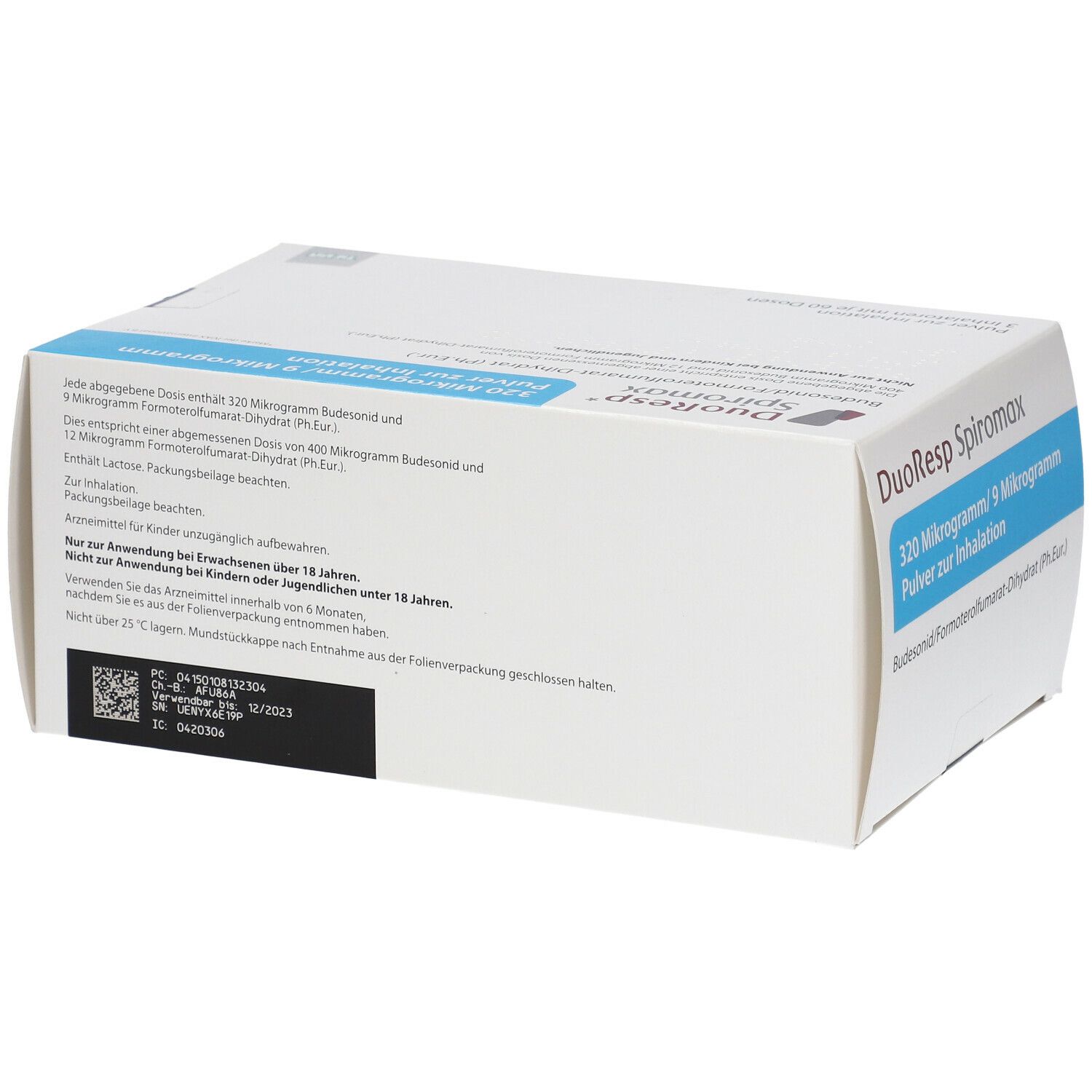 Weißer Karton mit blauer Beschriftung. Aufschrift: DuoResp Spiromax, 320 Mikrogramm/9 Mikrogramm, Pulver zur Inhalation. Rückseite mit Text.