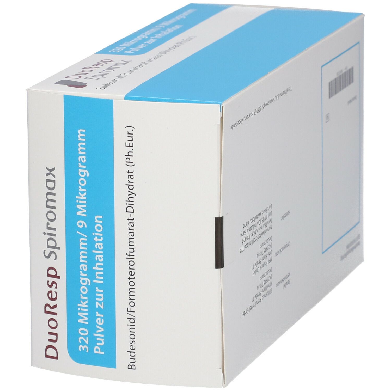 Schräg stehender weißer Karton mit blauer Beschriftung. Aufschrift: DuoResp Spiromax, 320 Mikrogramm/9 Mikrogramm, Pulver zur Inhalation.