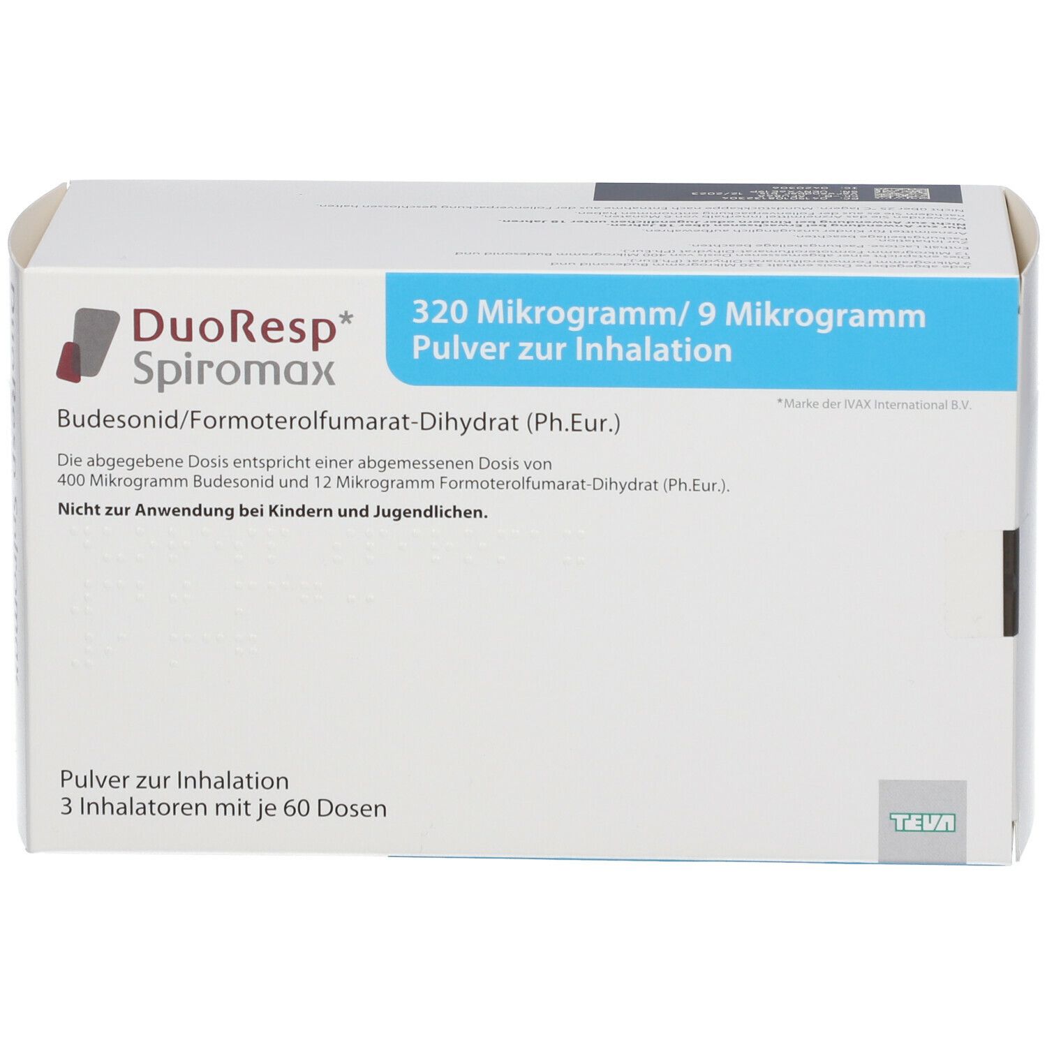 Weißer Karton mit blauer Beschriftung. Aufschrift: DuoResp Spiromax, 320 Mikrogramm/9 Mikrogramm, Pulver zur Inhalation.