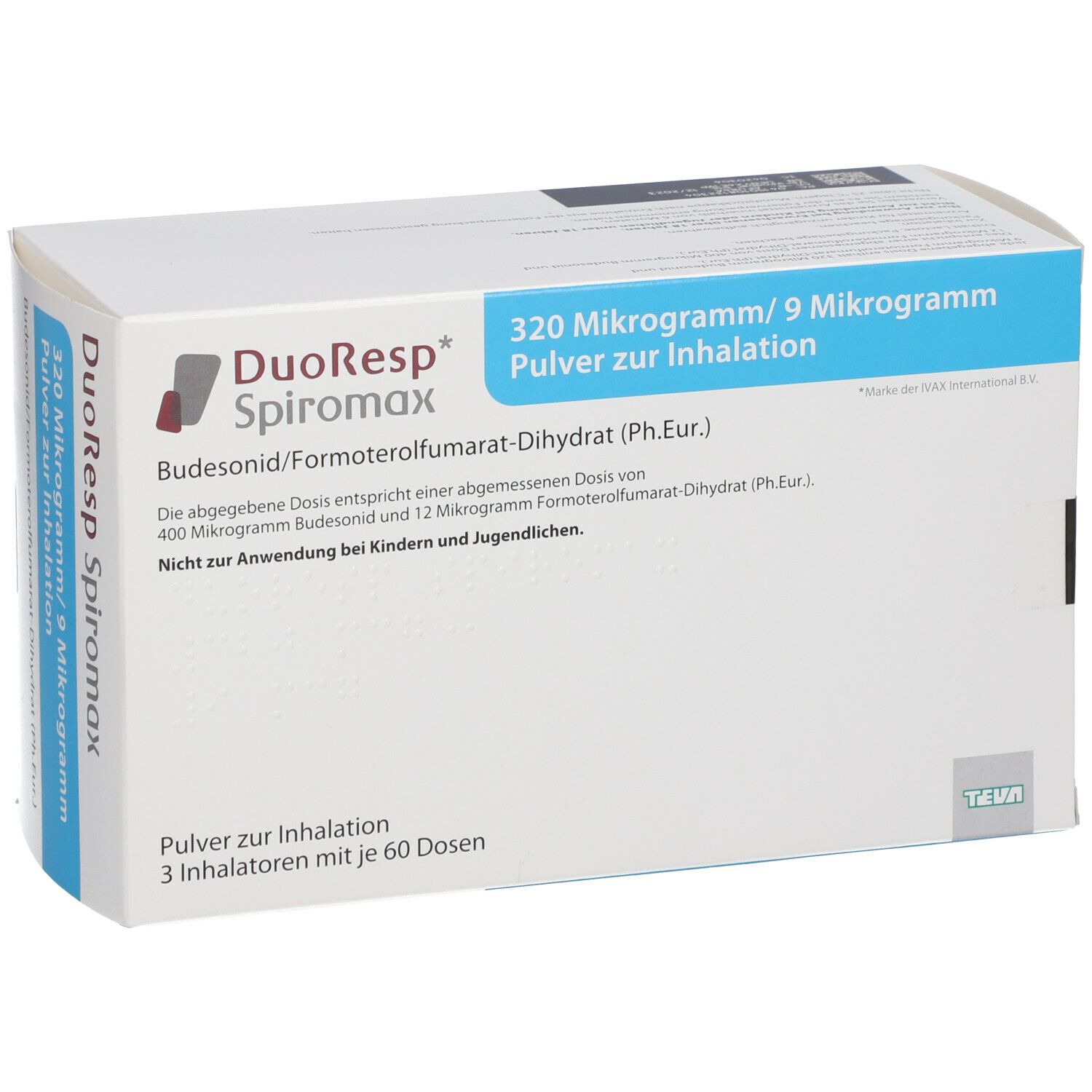 Weißer Karton mit blauer Beschriftung. Aufschrift: DuoResp Spiromax, 320 Mikrogramm/9 Mikrogramm, Pulver zur Inhalation.