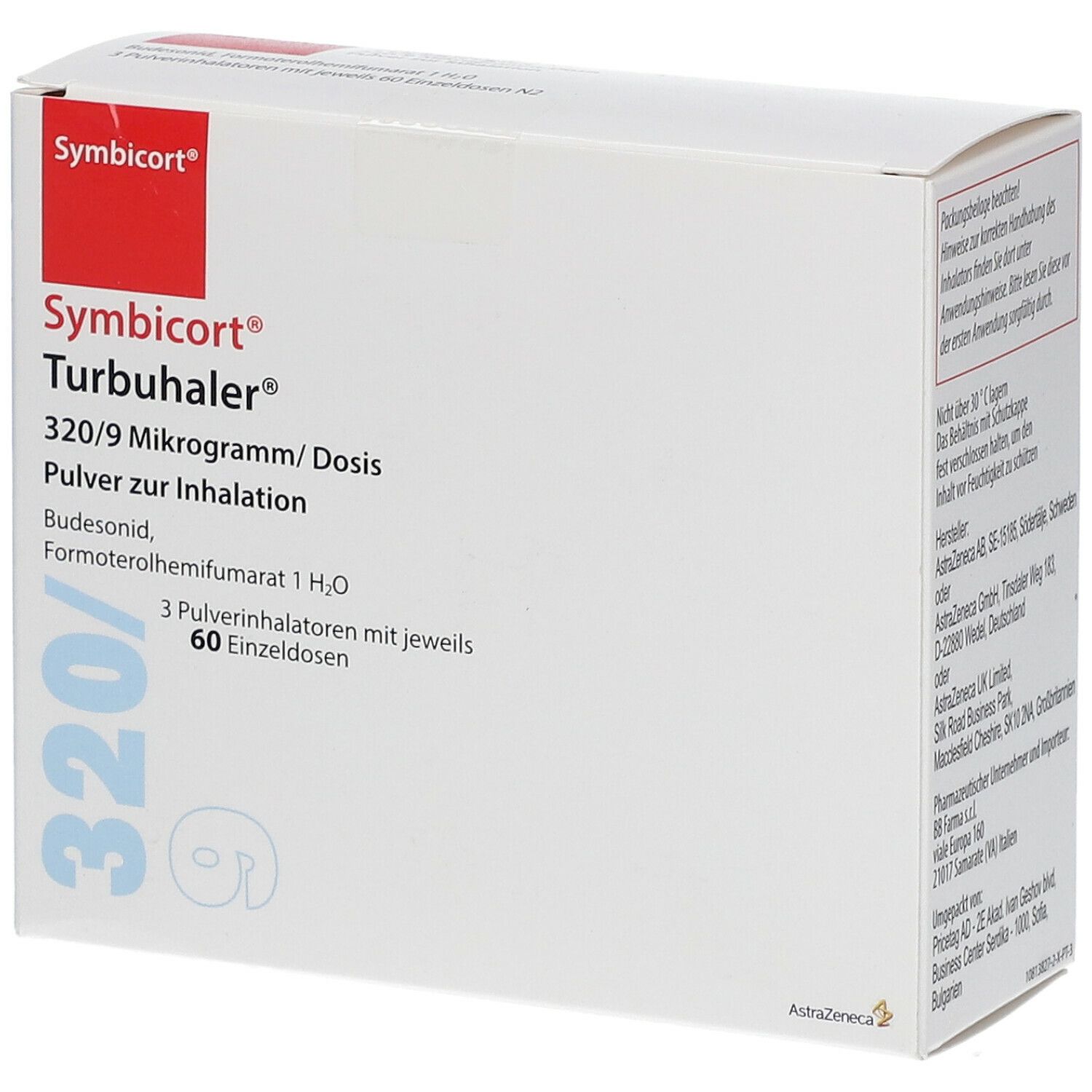 Schachtel mit Symbicort Turbuhaler. Aufschrift: 320/9 Mikrogramm/Dosis. Enthält 3 Inhalatoren mit 60 Einzeldosen. Marke: Symbicort.