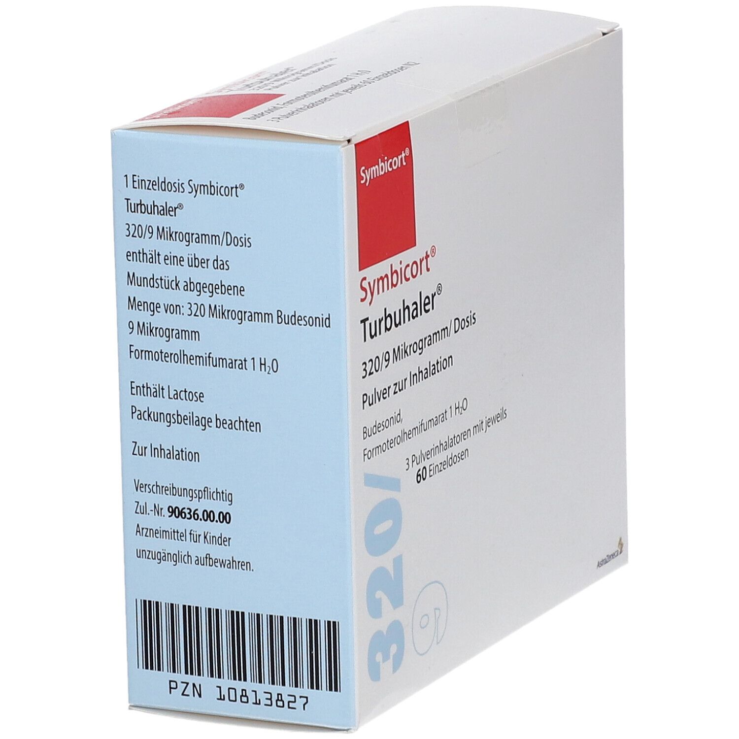 Schachtel Symbicort Turbuhaler 320/9 Mikrogramm. Text und Barcode. Enthält 3 Inhalatoren mit 60 Einzeldosen.