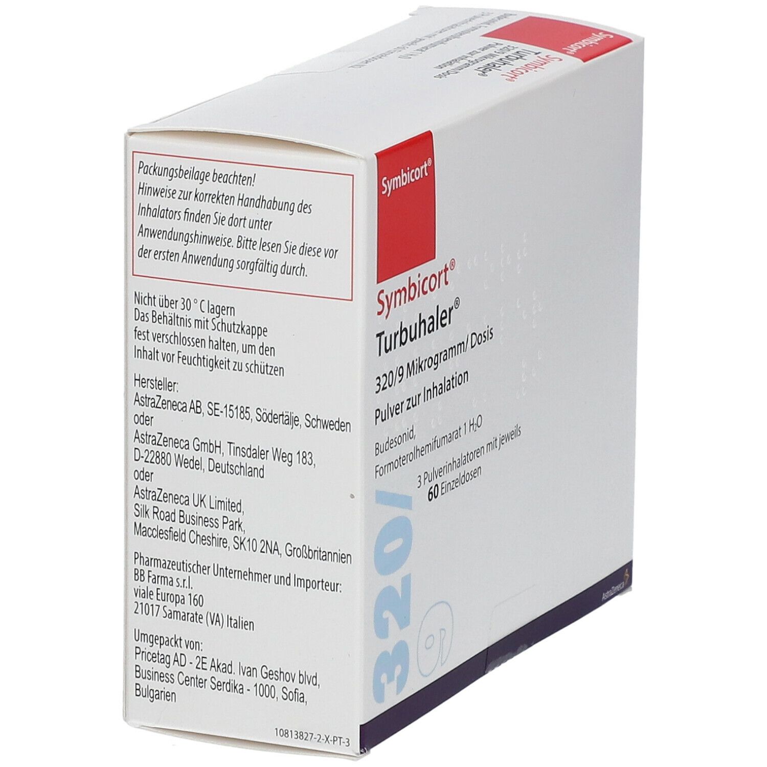 Schachtel mit Symbicort Turbuhaler. Aufschrift: 320/9 Mikrogramm/Dosis. Enthält 3 Inhalatoren mit 60 Einzeldosen. Marke: Symbicort. Ansicht schräg.