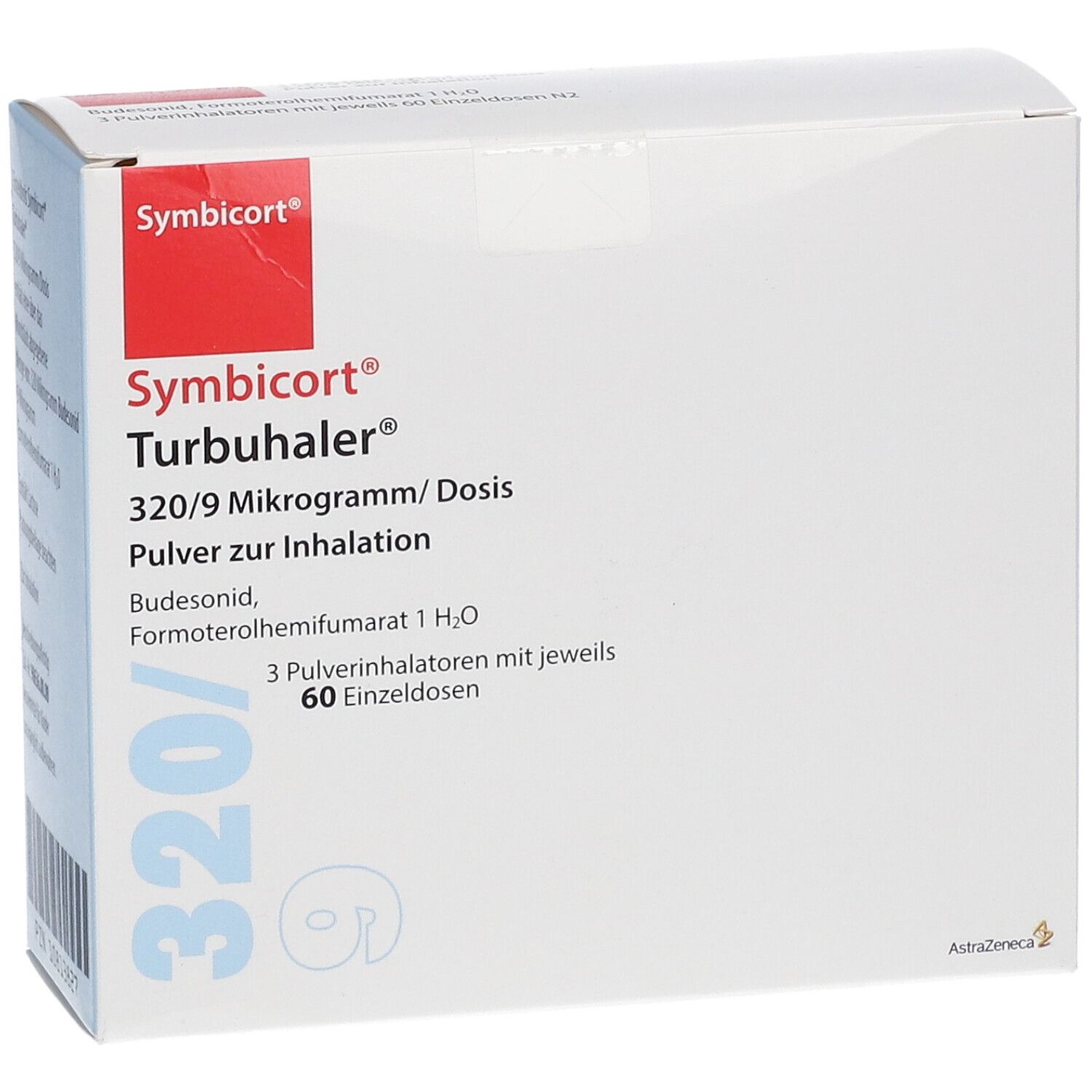 Schachtel Symbicort Turbuhaler 320/9 Mikrogramm. Enthält 3 Inhalatoren mit 60 Einzeldosen. Rote und weiße Farbgebung.