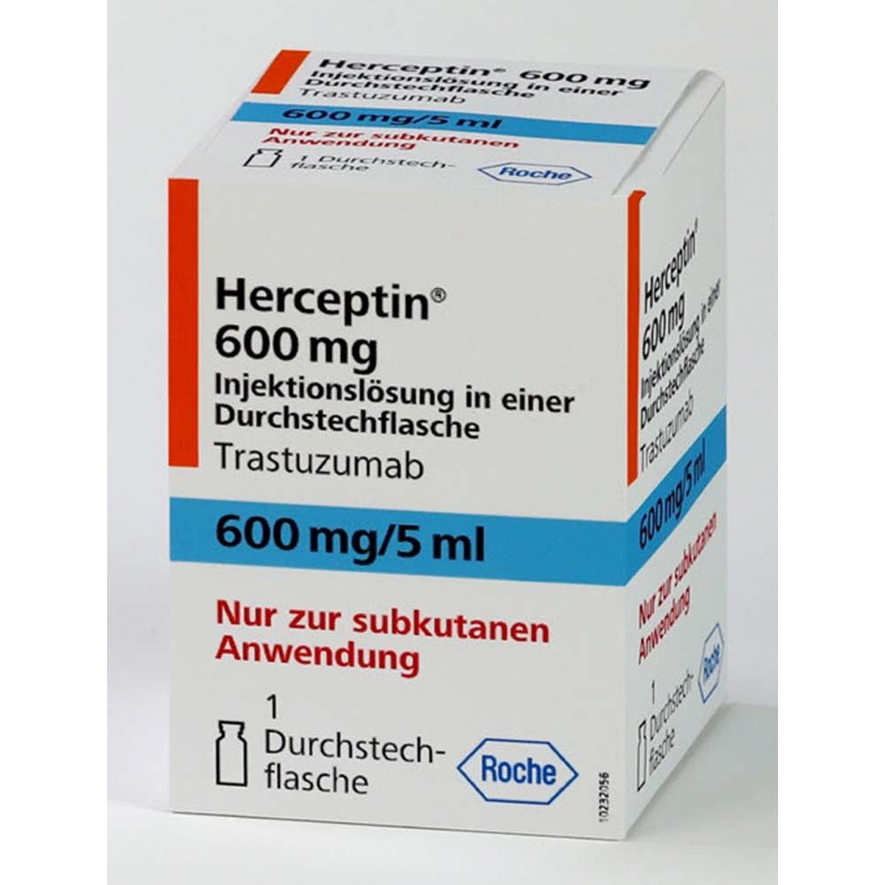 Herceptin 600 mg Injektionslösung in einer Durchstechflasche. Trastuzumab. Verpackung mit Roche-Logo.