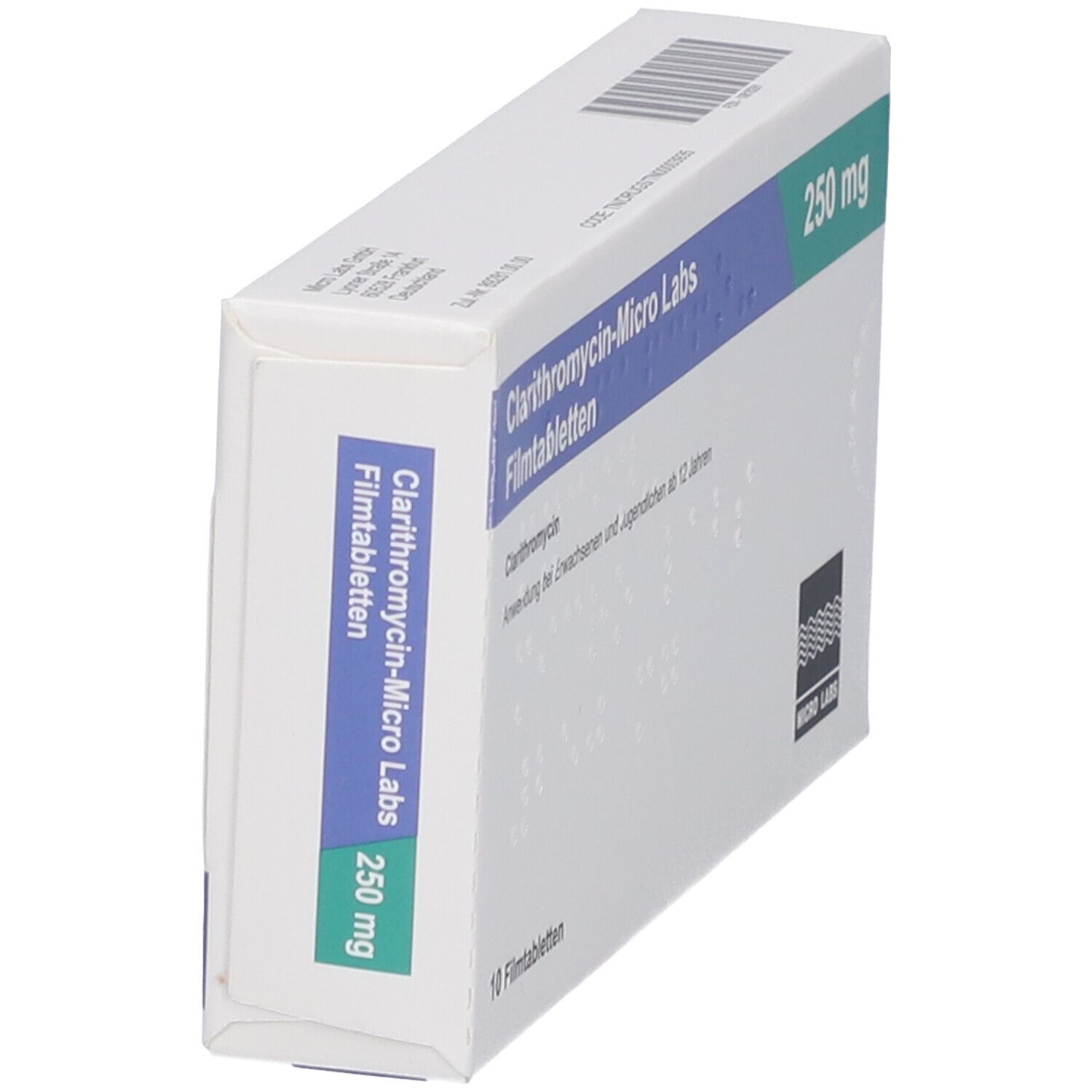 Schachtel Clarithromycin-Micro Labs Filmtabletten 250 mg. Seitenansicht. Blaue und grüne Akzente. 10 Filmtabletten.