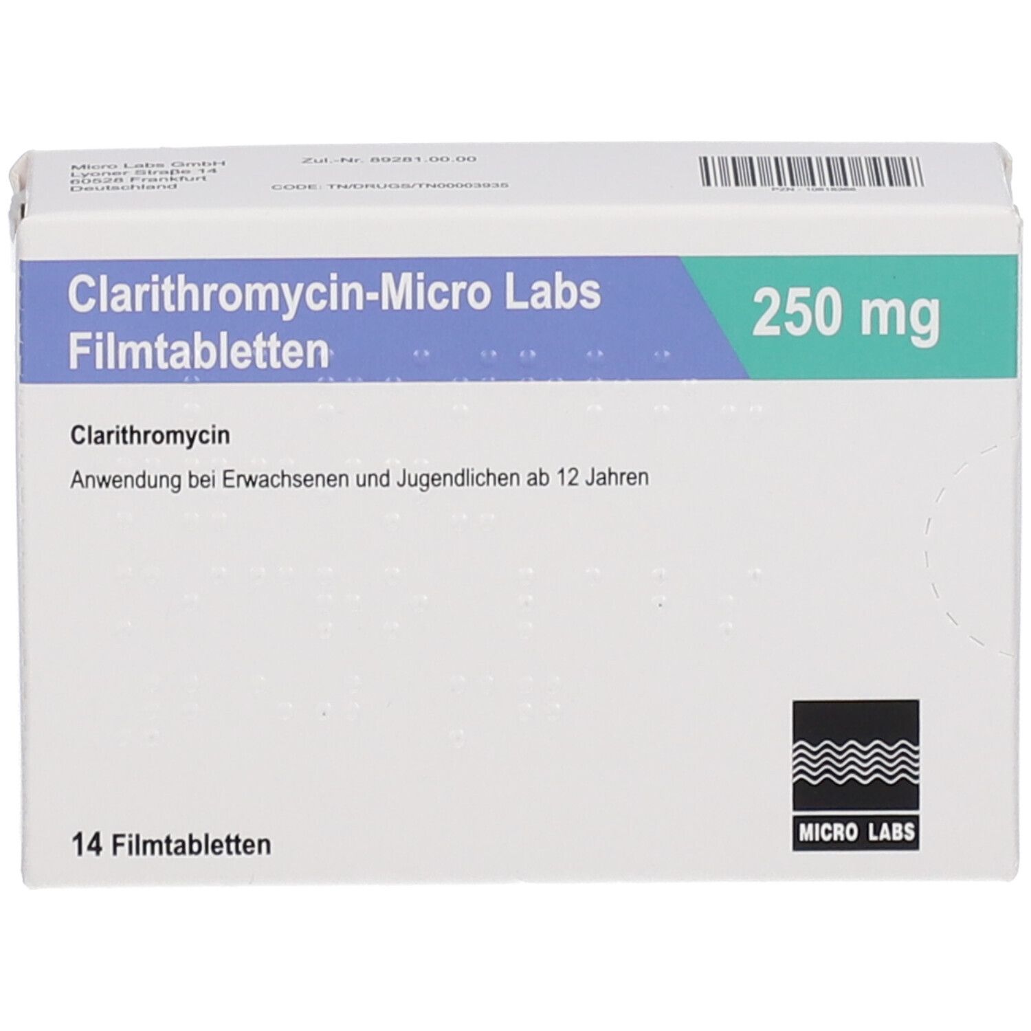 Weiße Schachtel mit blauer und grüner Beschriftung. Aufschrift: Clarithromycin-Micro Labs Filmtabletten 250 mg. 14 Filmtabletten.
