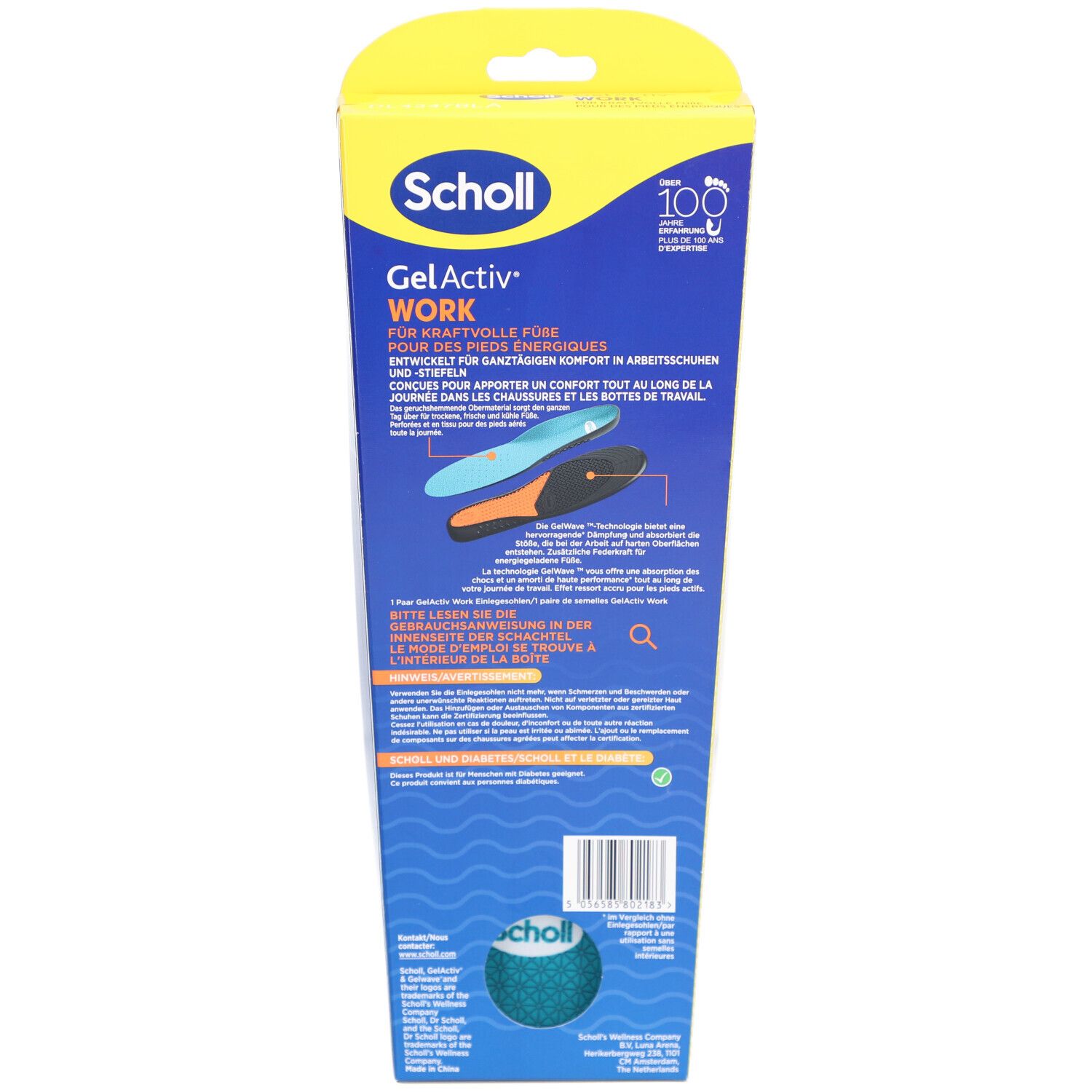 Rückseite der Scholl GelActiv Work Verpackung. Text und Illustrationen. Gelb-blaue Verpackung. Produktabbildung unten.