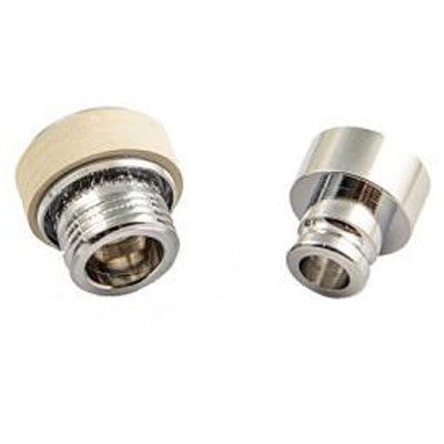 Zwei metallische Steckkupplungen. Eine mit hellem Ring, die andere glatt. Beide haben Gewinde und Öffnungen.