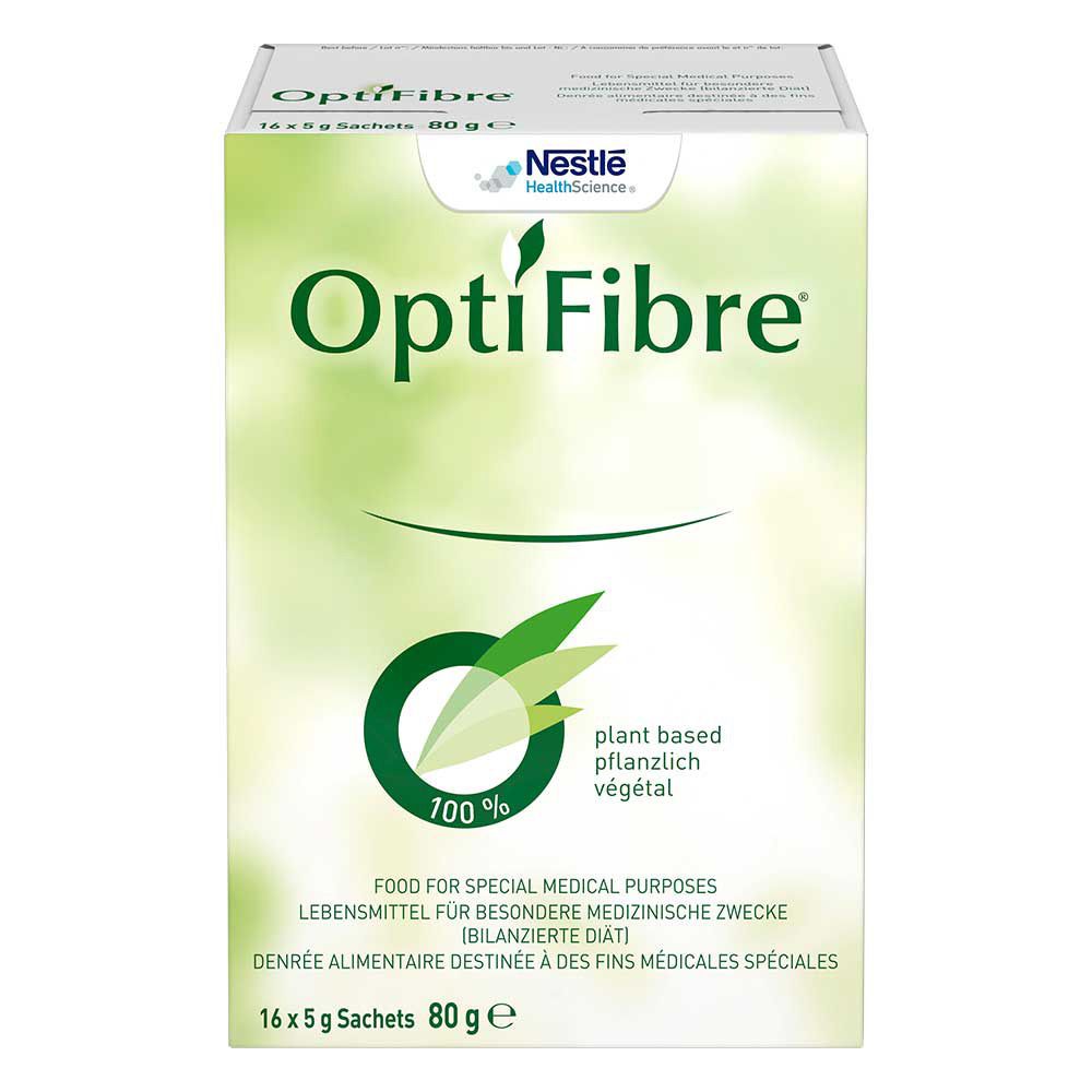 OptiFibre®-Verpackung mit 16 Beuteln. Grün-weißes Design mit Logo und Text. Enthält 80g. "Plant based" und "700%" sind ebenfalls abgebildet.