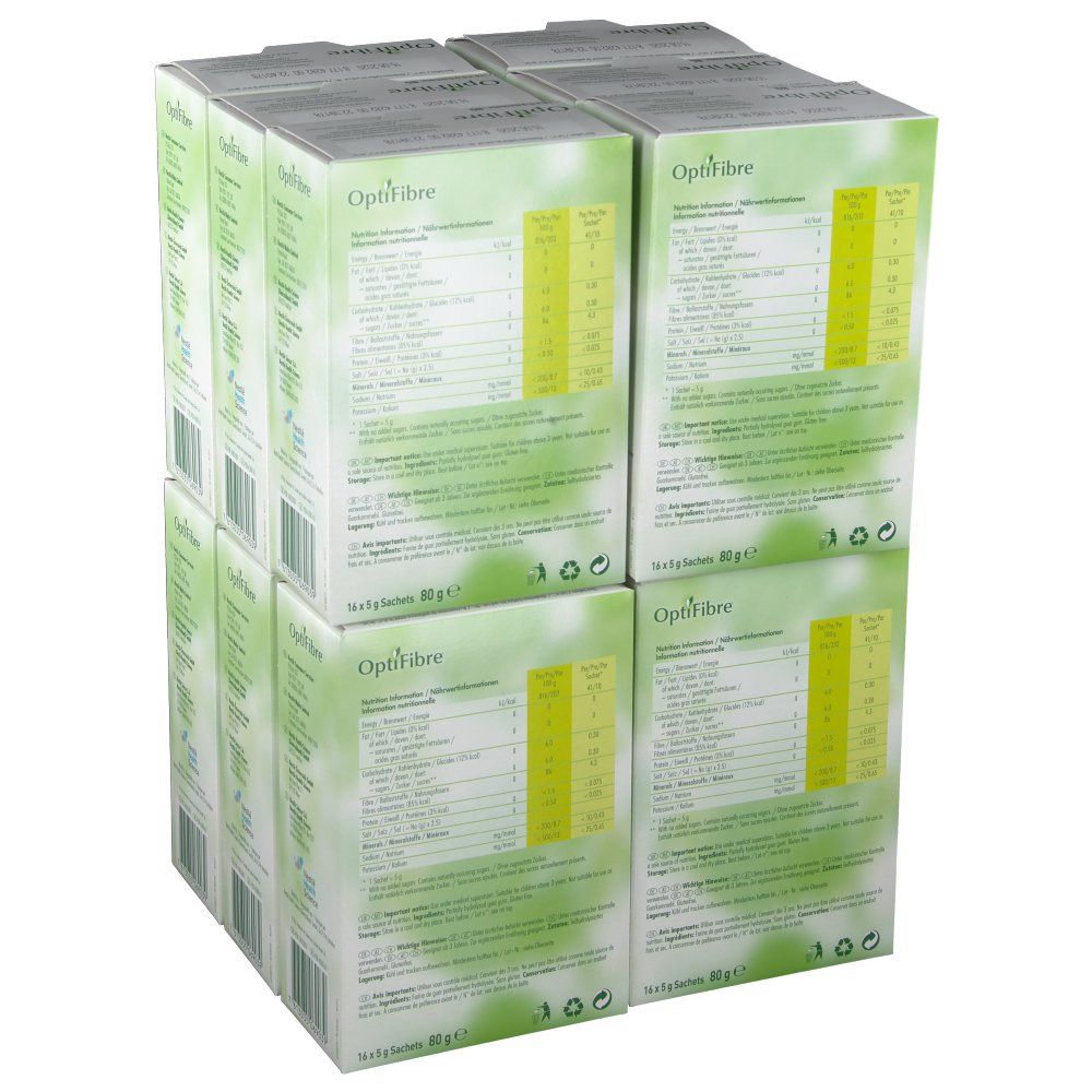 Mehrere OptiFibre®-Verpackungen gestapelt. Rückseite der Schachteln sichtbar, mit Text und Nährwertangaben. Grün-weißes Design.