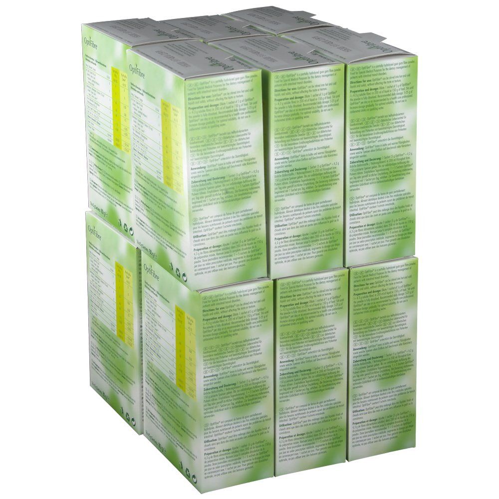 Gestapelte OptiFibre®-Verpackungen. Rückseiten der Schachteln sichtbar, mit Text und Nährwertangaben. Grün-weißes Design.