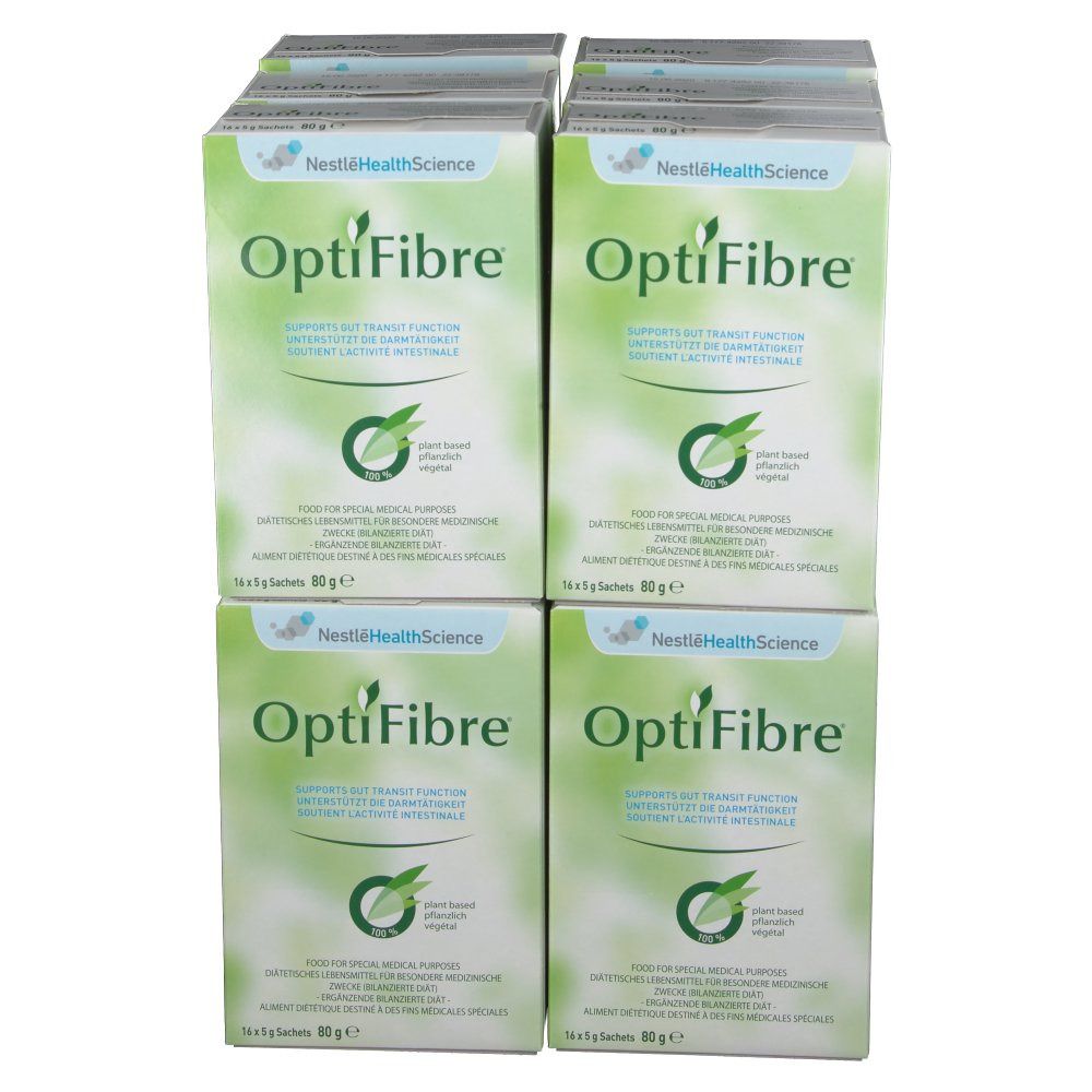 Vier OptiFibre®-Verpackungen nebeneinander. Grün-weißes Design mit Logo und Text. Enthält 16 Beutel. "Nestlé HealthScience" Logo.