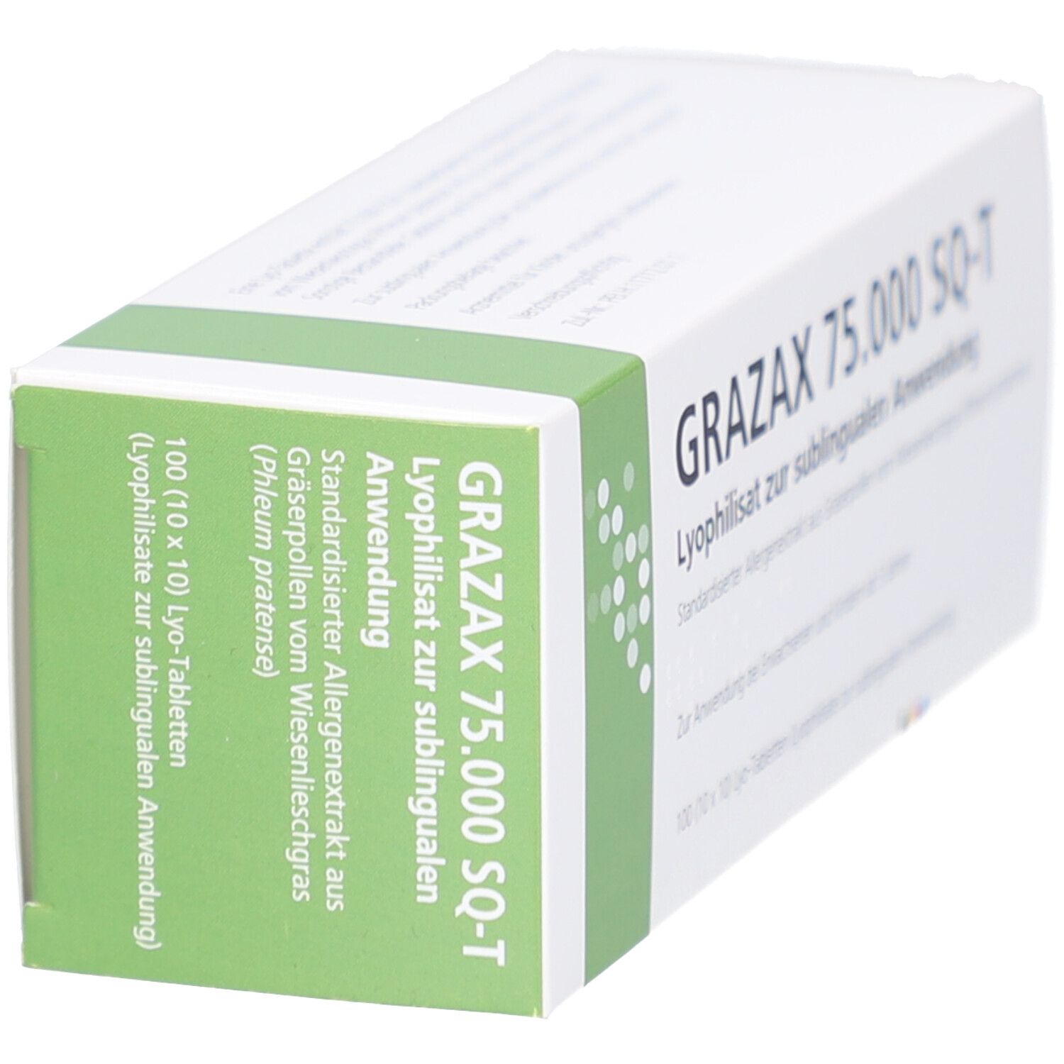 Weiße Schachtel mit grünen Akzenten. Aufdruck: GRAZAX 75.000 SQ-T, Lyophilisat zur sublingualen Anwendung. Enthält 100 Tabletten.