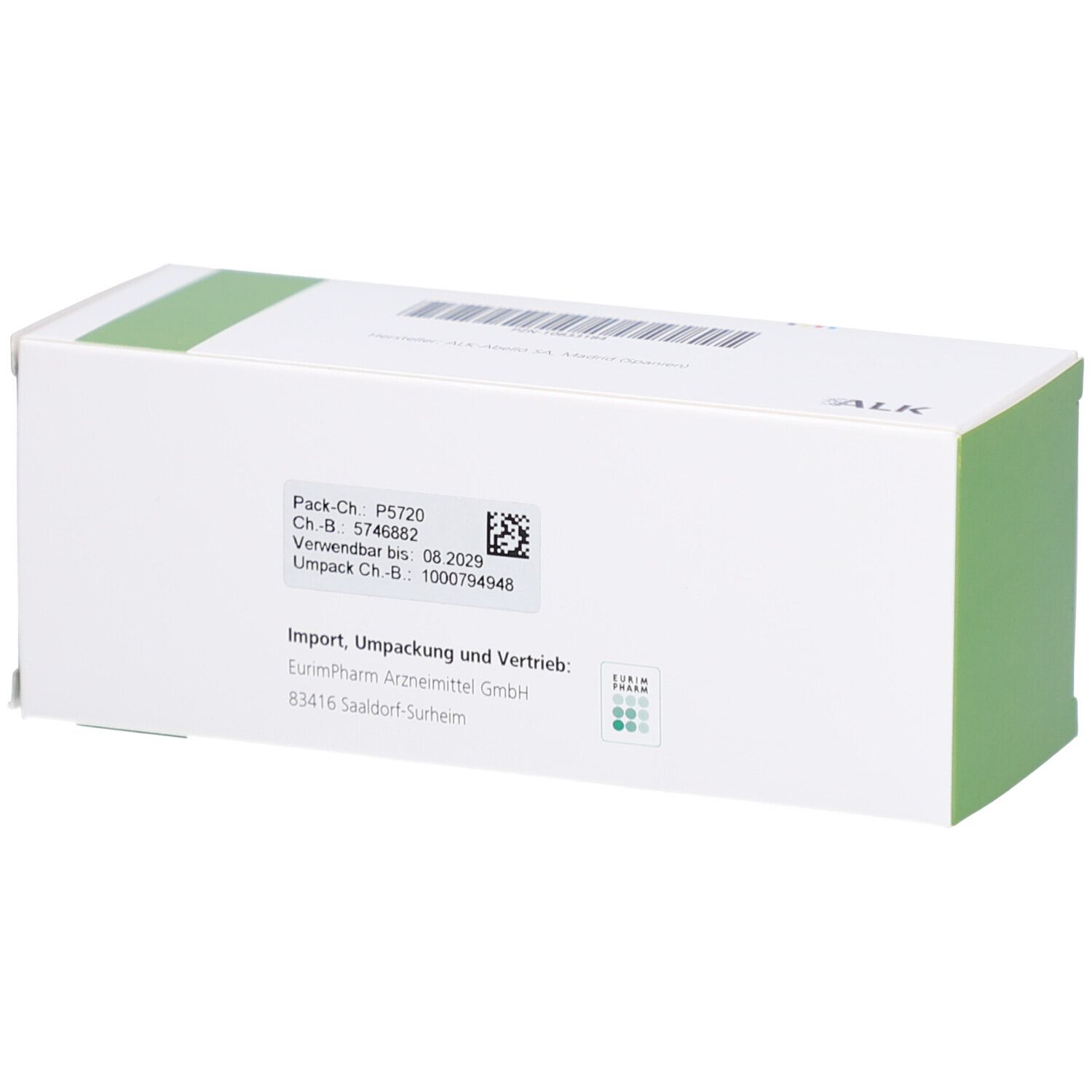 Rückseite einer weißen Schachtel mit grünen Akzenten. Aufdruck: Pack-Ch., Ch.-B., Verwendbar bis, Importeur- und Vertriebsinformationen.
