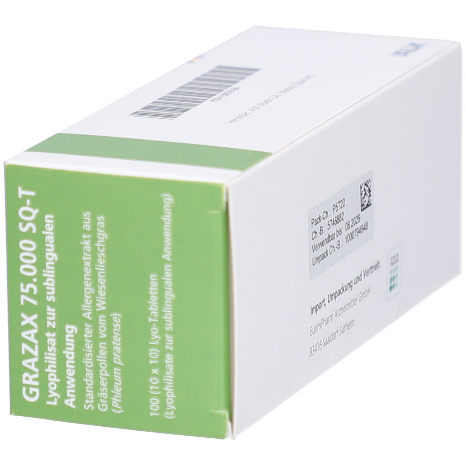 Weiße Schachtel mit grünen Akzenten. Aufdruck: GRAZAX 75.000 SQ-T, Lyophilisat zur sublingualen Anwendung. Enthält 100 Tabletten.