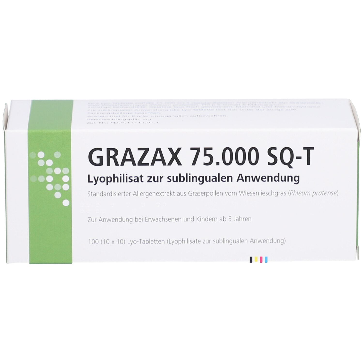 Weiße Schachtel mit grünen Akzenten. Aufdruck: GRAZAX 75.000 SQ-T, Lyophilisat zur sublingualen Anwendung. Enthält 100 Tabletten.