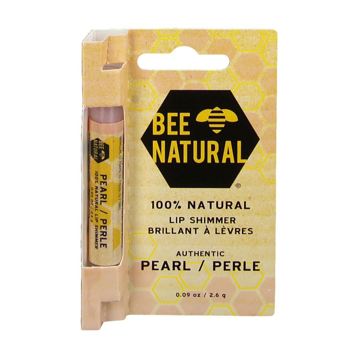 Lippenbalsam BEE NATURAL Pearl in Verpackung. Gelbe Verpackung mit Produktinformationen und Logo. Draufsicht.