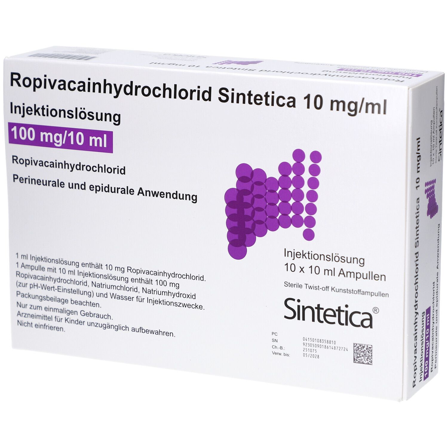 Karton Ropivacainhydrochlorid Sintetica 10 mg/ml. Packung mit 10 Ampullen. Text und Logo auf weißem Hintergrund.