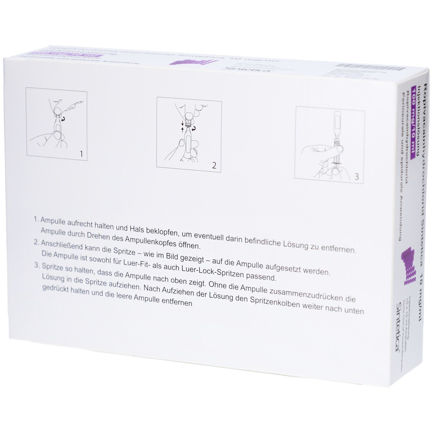 Rückseite der Verpackung von Ropivacainhydrochlorid Sintetica 10 mg/ml. Illustrationen zur Anwendung.