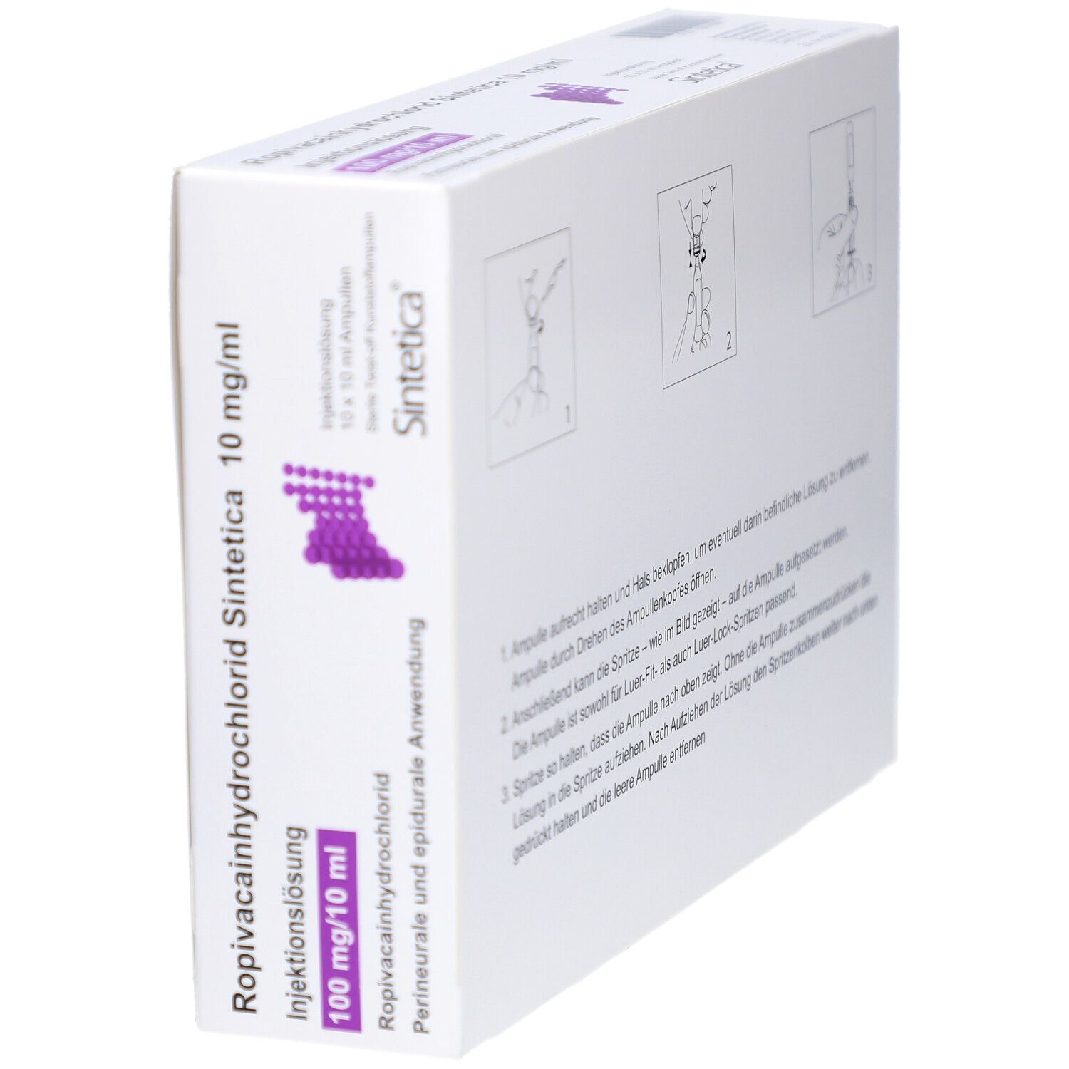 Schrägansicht der Verpackung von Ropivacainhydrochlorid Sintetica 10 mg/ml. Text und Logo auf weißem Hintergrund.