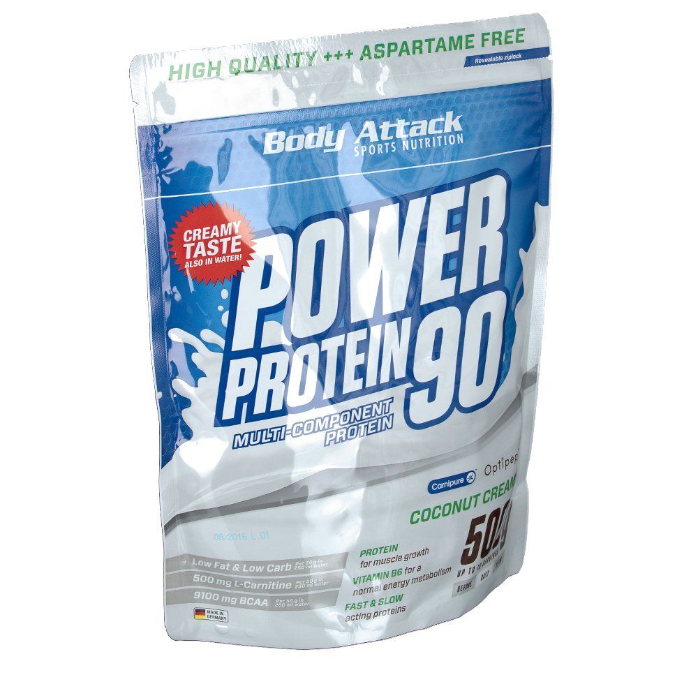 Beutel Body Attack Power Protein 90 Coconut Cream. Haupttext: Power Protein 90. Enthält 500g. Aspartamfrei. Cremiger Geschmack.