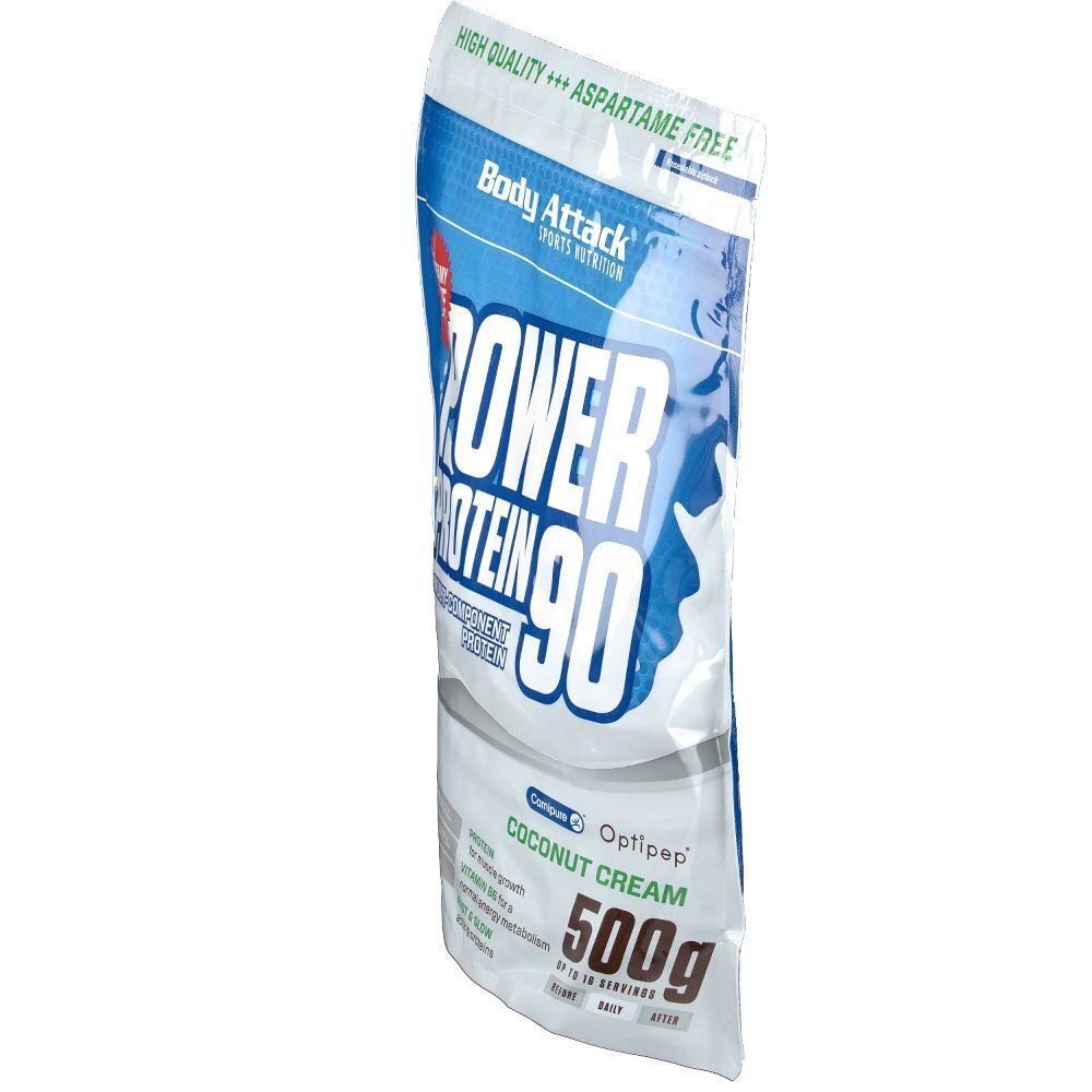 Beutel Body Attack Power Protein 90 Coconut Cream. Haupttext: Power Protein 90. Enthält 500g. Optipep. Blickwinkel: schräg.