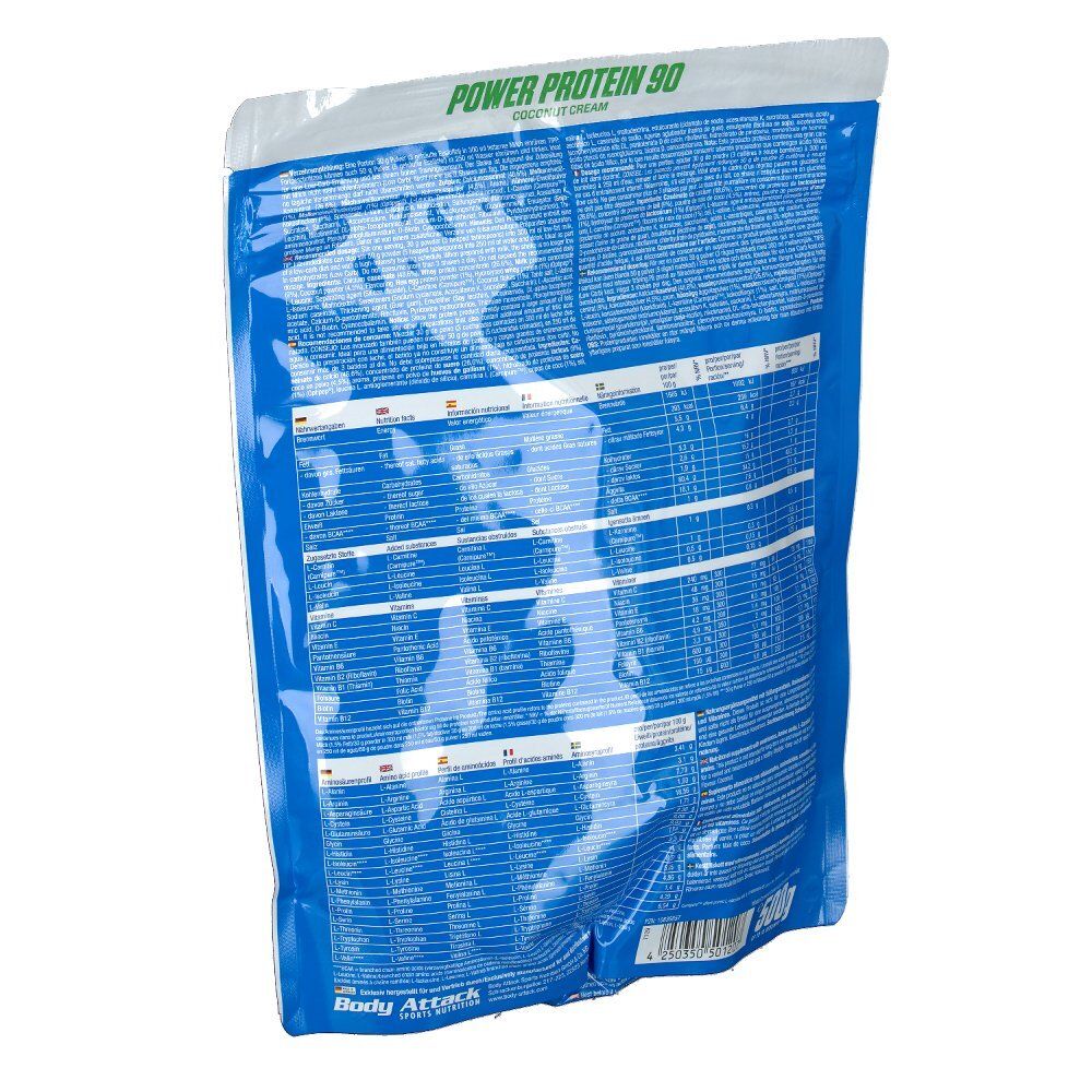 Rückseite des Beutels Body Attack Power Protein 90 Coconut Cream. Haupttext: Power Protein 90. Enthält 500g. Nährwertangaben.