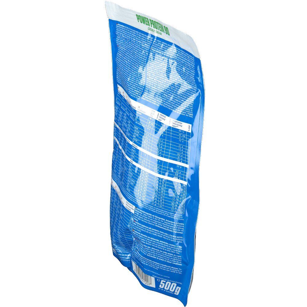 Rückseite des Beutels Body Attack Power Protein 90 Coconut Cream. Haupttext: Power Protein 90. Enthält 500g. Blickwinkel: schräg.