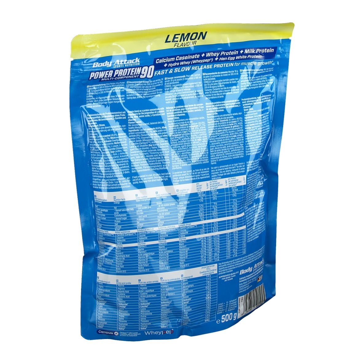 Rückseite des Beutels Body Attack Power Protein 90, Zitrone. Enthält Calciumcaseinat, Molkenprotein, Milchprotein, Hydro Whey, Eiweiß. 500g.